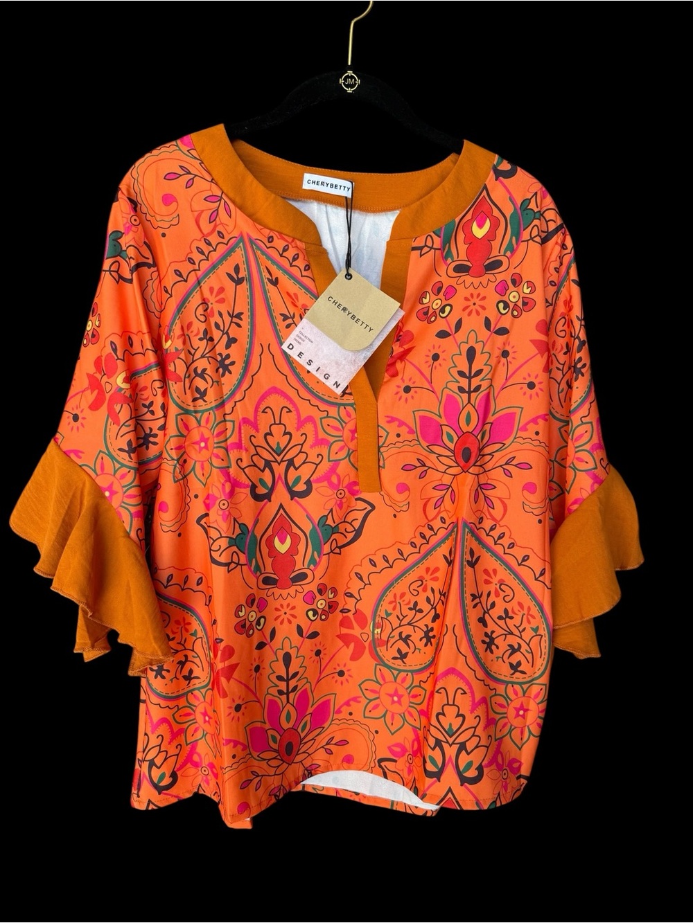 Orange Floral Bell-Sleeve Blouse